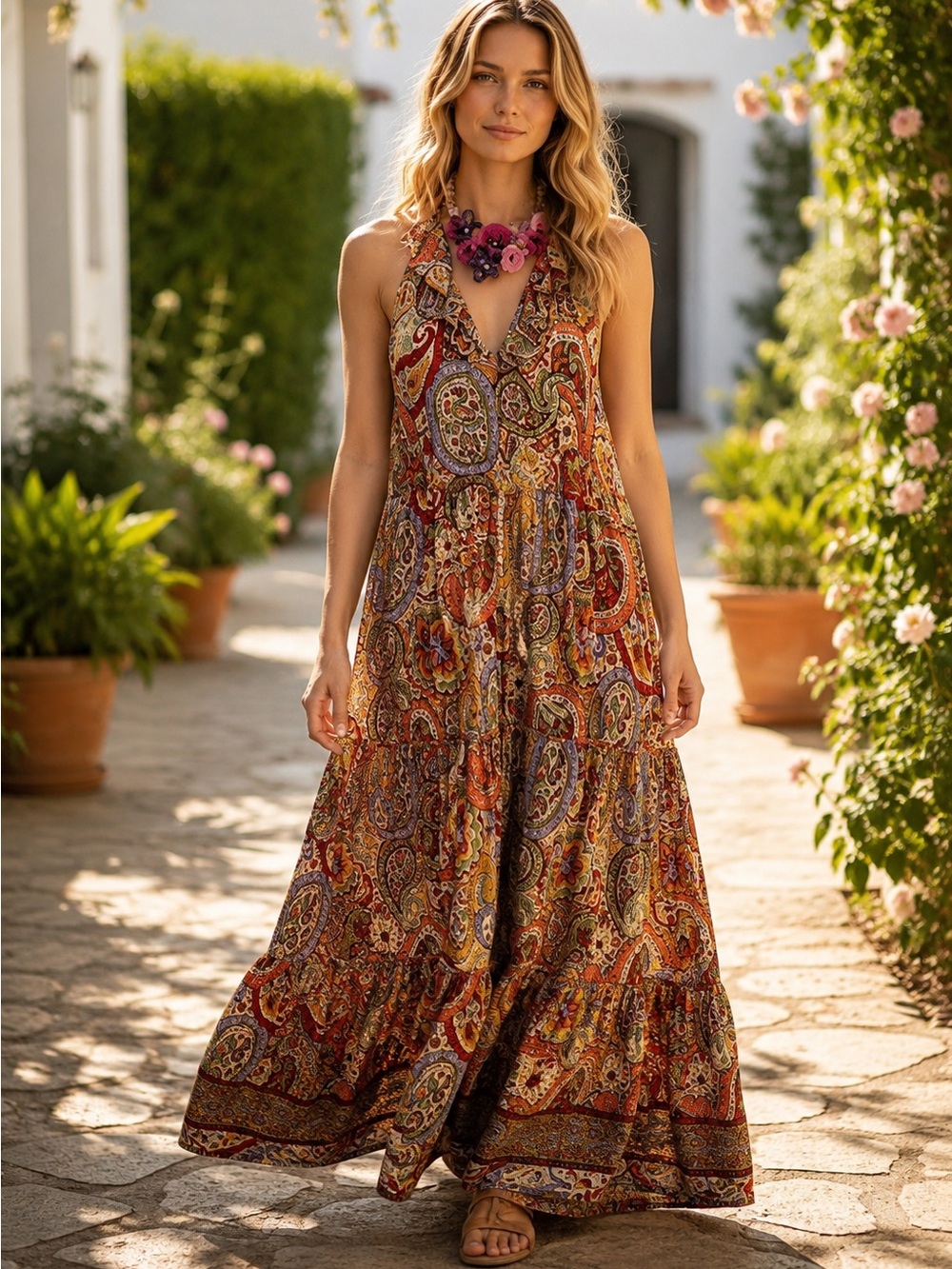 Bohemian Paisley Halter Maxi Dress in Multi - Picture 1 of 7